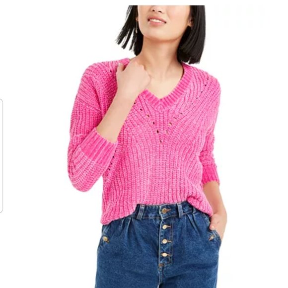 Bar III Sweaters - Bar III Pink Chenille V-Neck Sweater, Size L